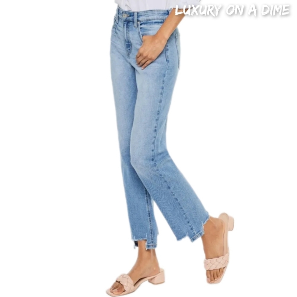 KanCan High-Rise Waist Distressed Raw Hem Wide Straight Leg Mom Denim Jean Pants - Picture 2 of 14